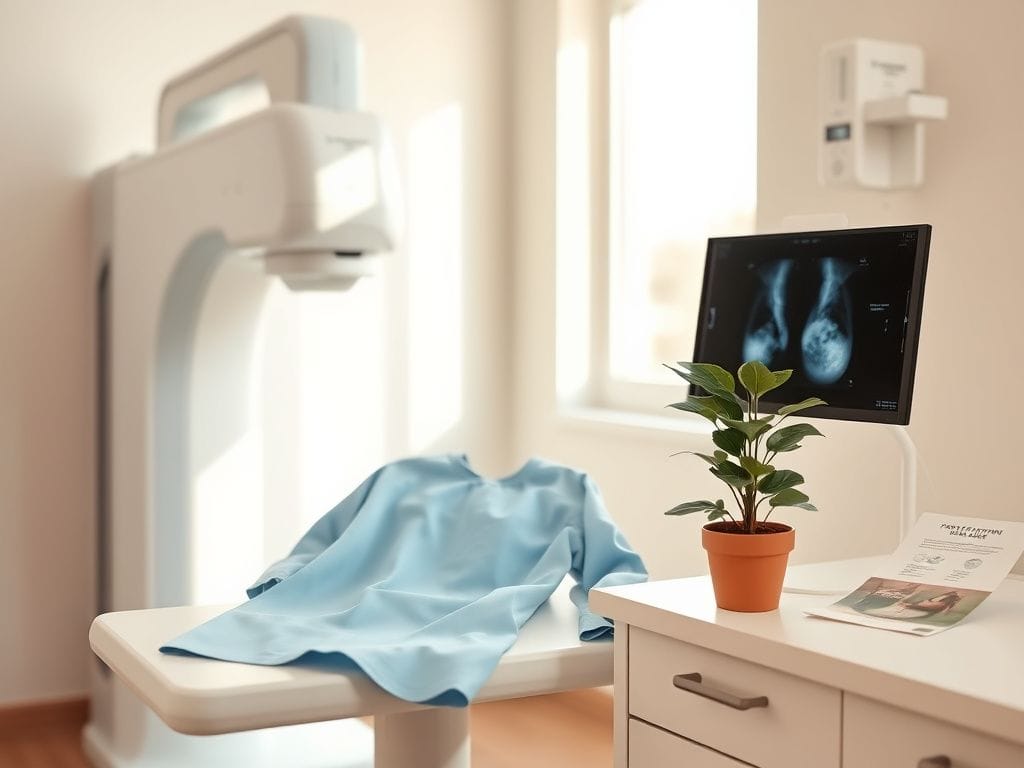 Flick International Serene doctor's office with mammogram machine and light blue hospital gown