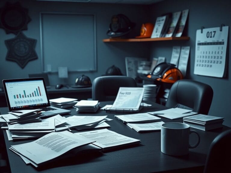 Flick International Dimly lit government office with cluttered desk and public safety gear in the background