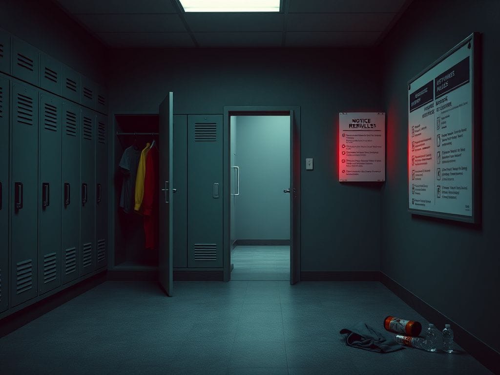 Flick International A dimly lit gym locker room with open lockers and shadows indicating potential intrusion