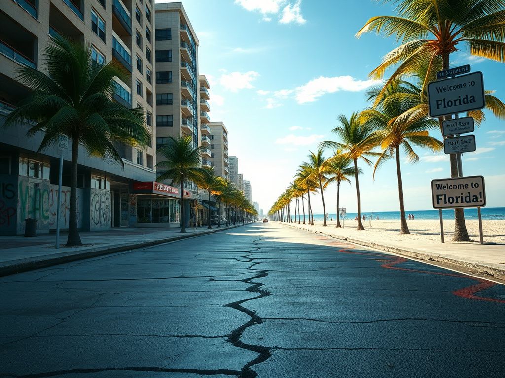 Flick International A vivid depiction of a deserted NYC street transitioning to a sunny Florida landscape