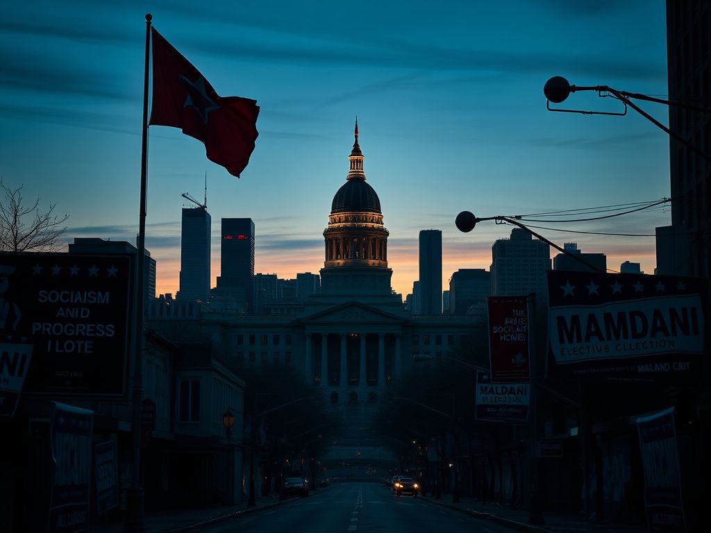 Flick International New York City skyline at dusk with city hall silhouette and socialist motifs