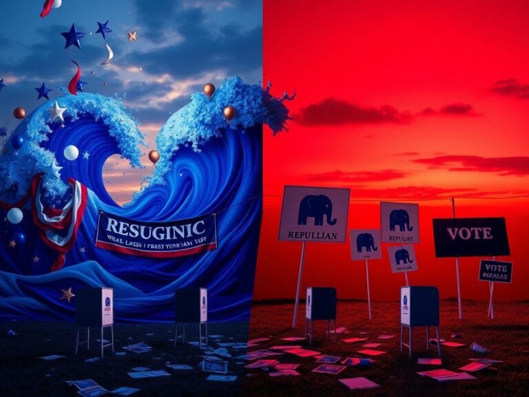 Flick International A split image depicting the contrasting reactions to election night results with Democratic celebration on one side and Republican disappointment on the other.