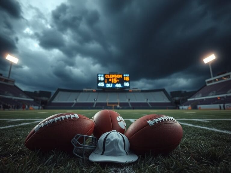 Flick International A dramatic football field under stormy skies with overturned footballs symbolizing controversial officiating