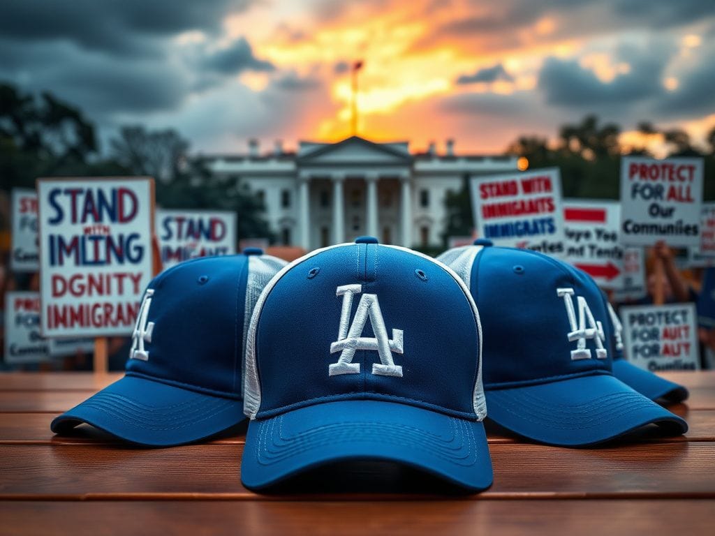 Flick International Symbolic representation of the Los Angeles Dodgers' baseball caps with protest signs for immigration rights