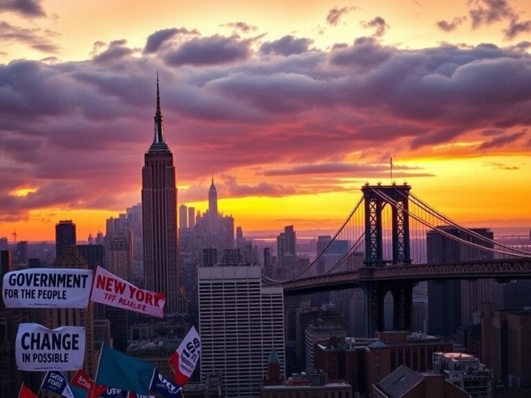 Flick International A vibrant cityscape of New York City at dusk featuring the Empire State Building and Brooklyn Bridge with campaign posters