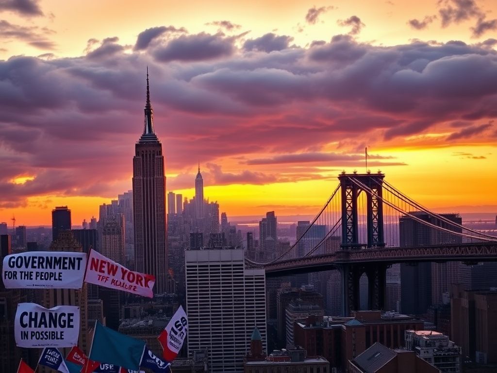 Flick International A vibrant cityscape of New York City at dusk featuring the Empire State Building and Brooklyn Bridge with campaign posters
