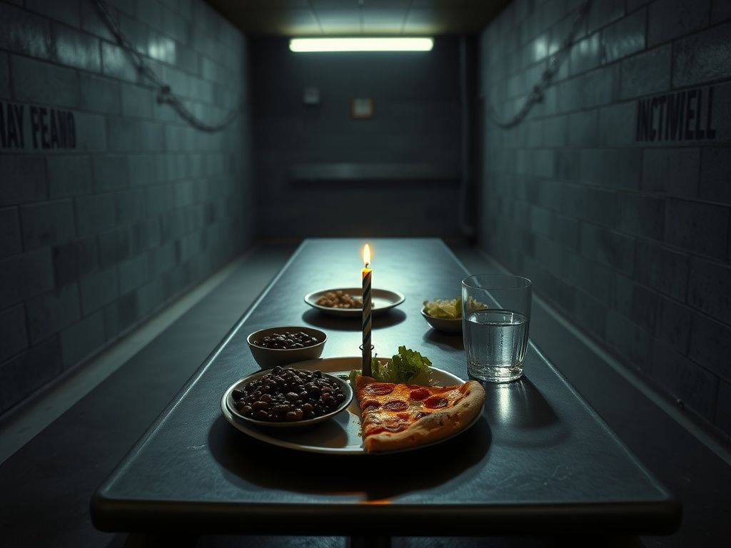 Flick International Dimly lit prison cafeteria with a basic meal and a birthday candle.