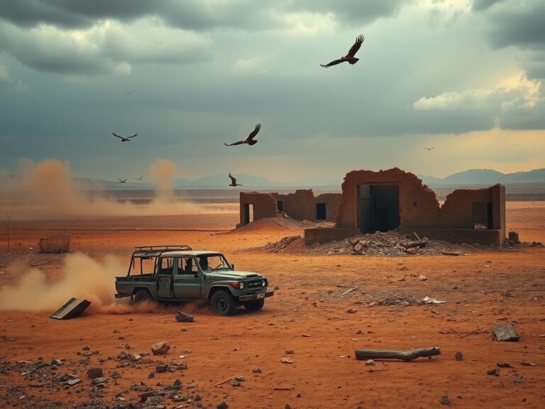 Flick International Desolate landscape depicting the aftermath of civil war in Sudan with destroyed structures and abandoned vehicle