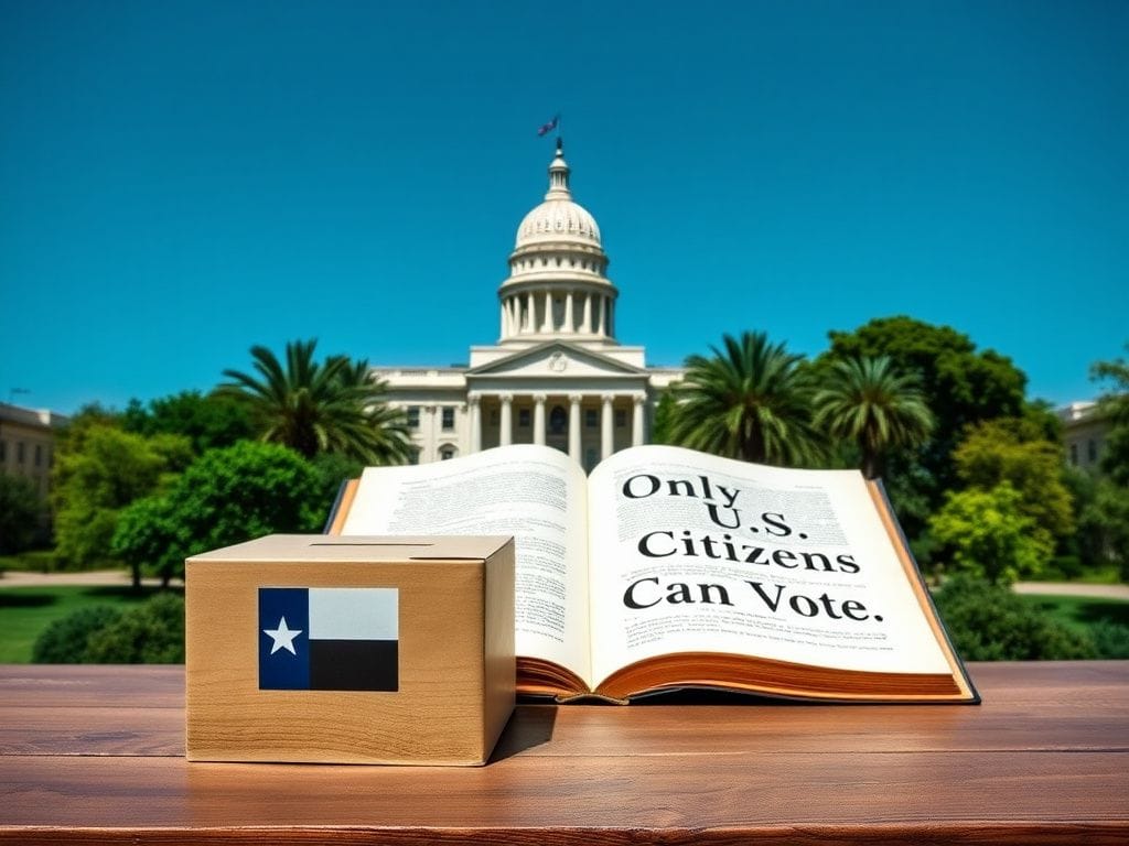 Flick International Panoramic view of the Texas State Capitol building with voting boxes and constitution book