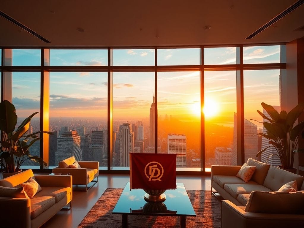 Flick International Luxurious penthouse interior with floor-to-ceiling windows showcasing the New York City skyline at sunset