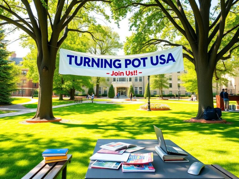 Flick International Vibrant campus scene at Monroe County Community College with Turning Point USA banner