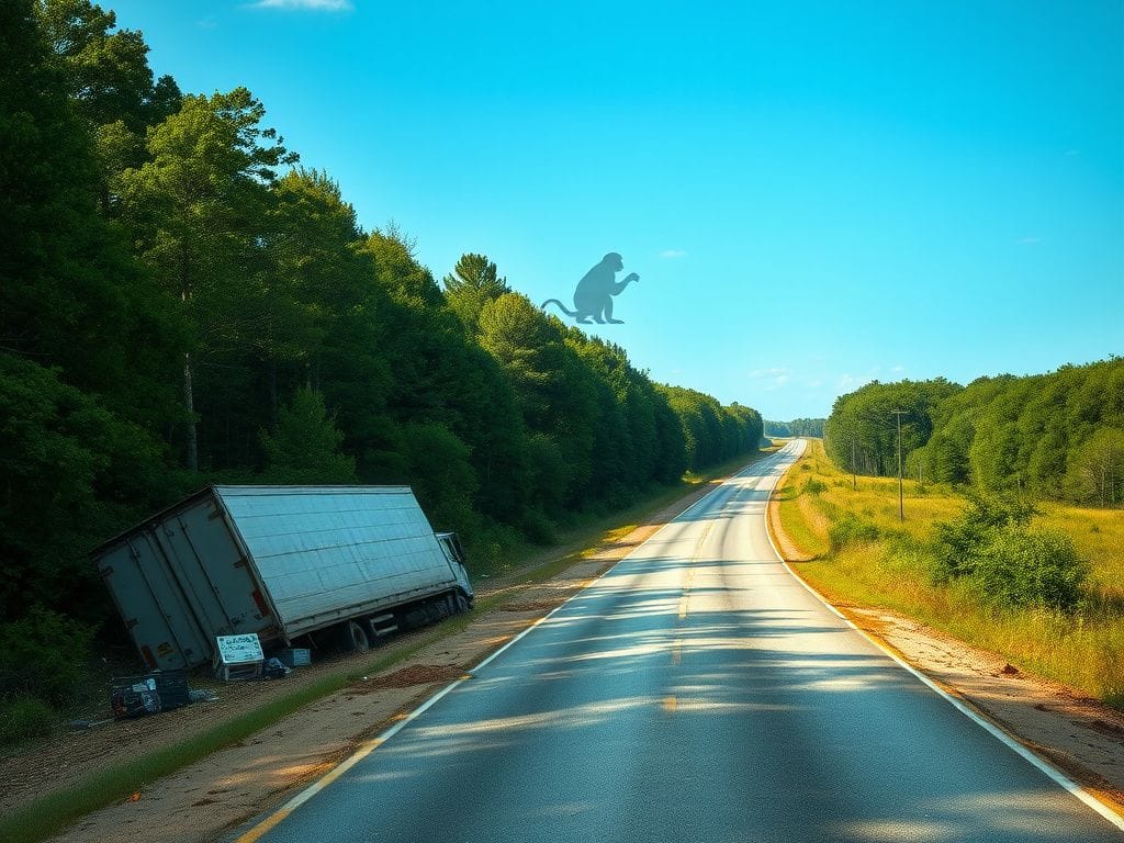 Flick International Overturned transport truck in rural Jasper County, Mississippi, with a monkey's shadow hinting at danger