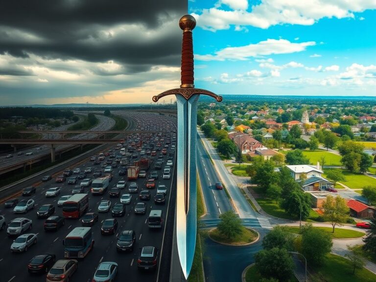 Flick International A split scene depicting the political divide in New Jersey with contrasting landscapes.