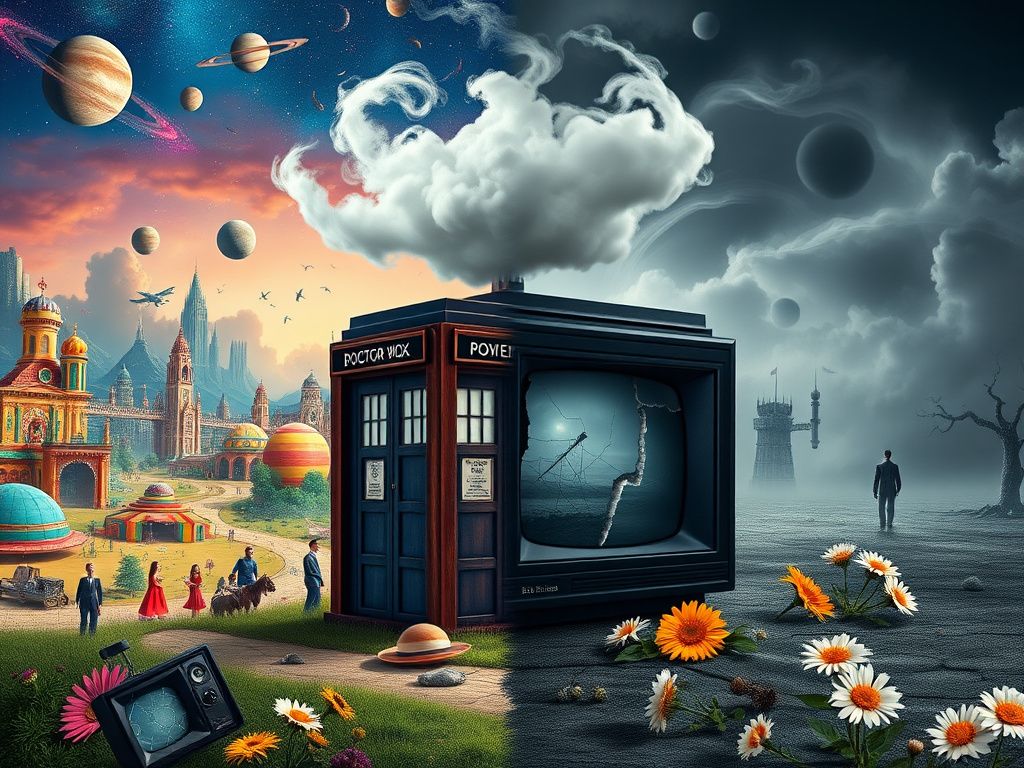 Flick International A split scene depicting contrasting themes of Doctor Who's cancellation with vibrant sci-fi elements on one side and a dark, desolate environment on the other.