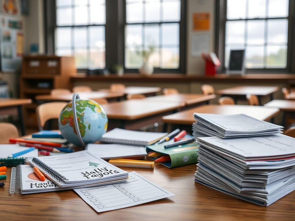 Flick International A tranquil middle school desk with diverse supplies reflecting themes of climate change and identity.