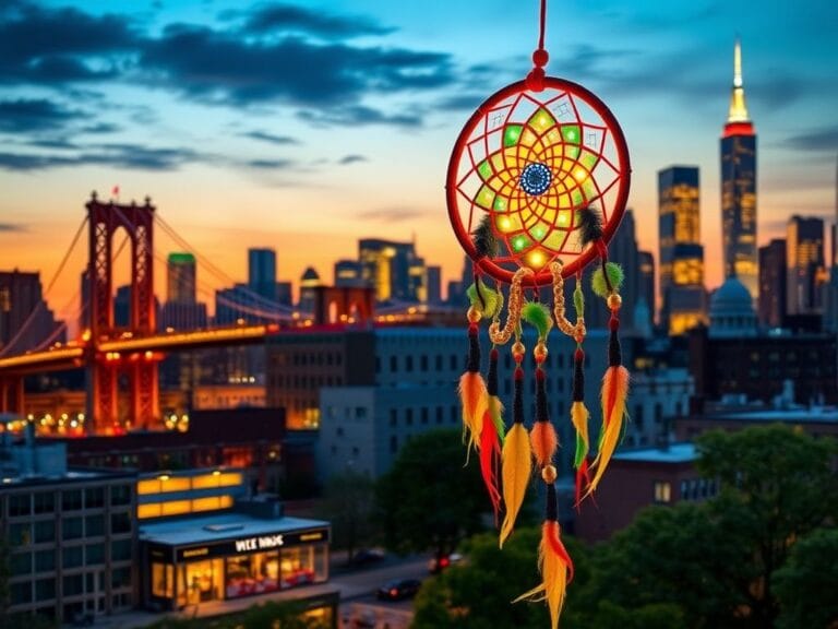 Flick International Vibrant New York City skyline at dusk with glowing dreamcatcher symbolizing hope and the American Dream
