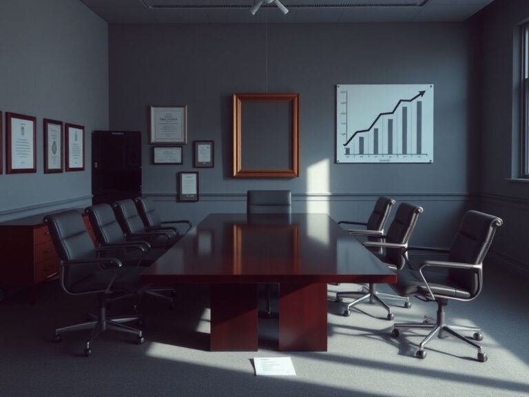 Flick International Dark mahogany conference table in a somber office setting, symbolizing absence and disarray