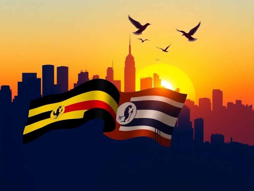 Flick International Abstract city skyline of New York blending with Uganda's landscape at sunset