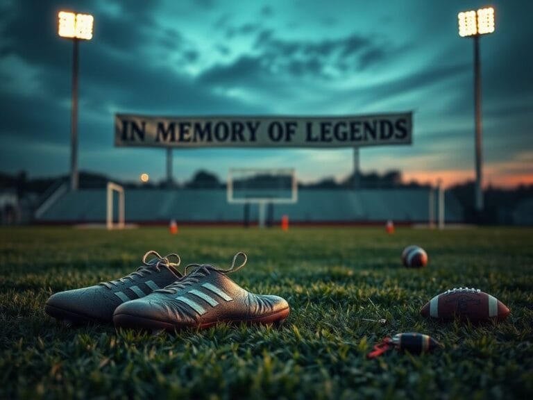 Flick International Somber football field at dusk with worn-out cleats and in-memory banner