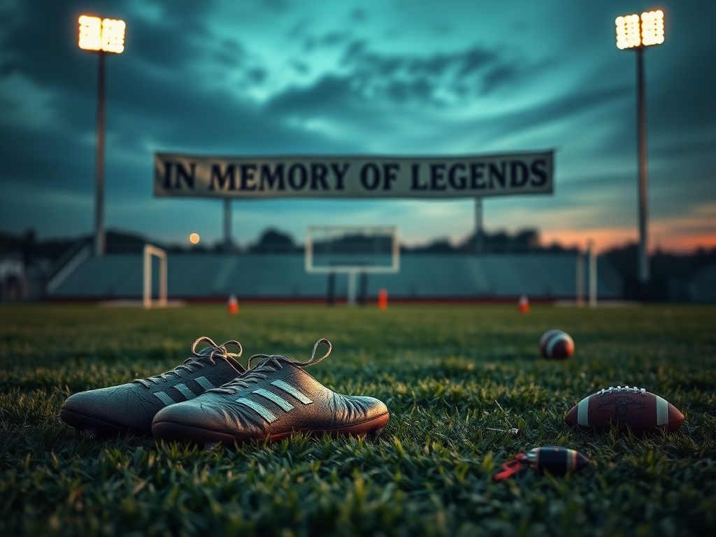 Flick International Somber football field at dusk with worn-out cleats and in-memory banner