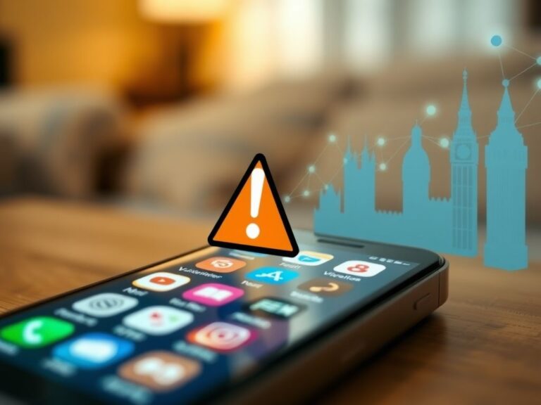 Flick International Close-up of a smartphone screen showing app icons with a warning symbol, illustrating the threat to personal data.