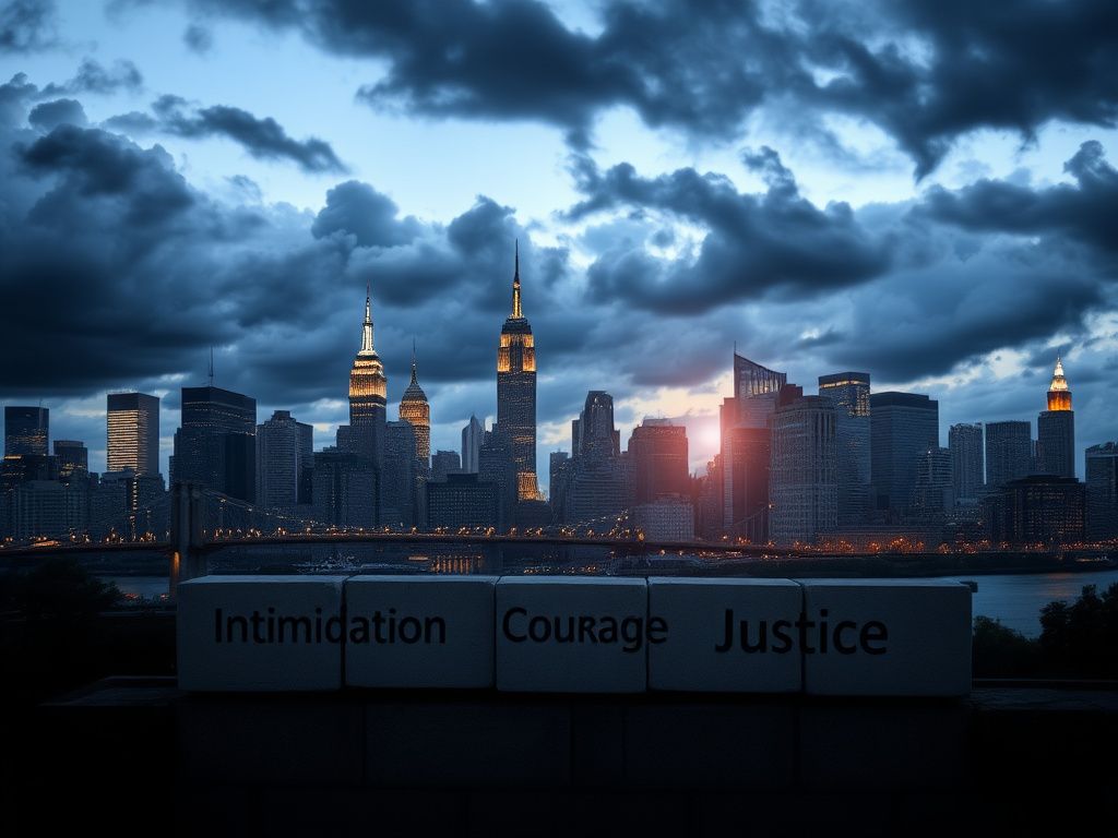 Flick International New York City skyline at dusk with symbolic barrier representing political tension