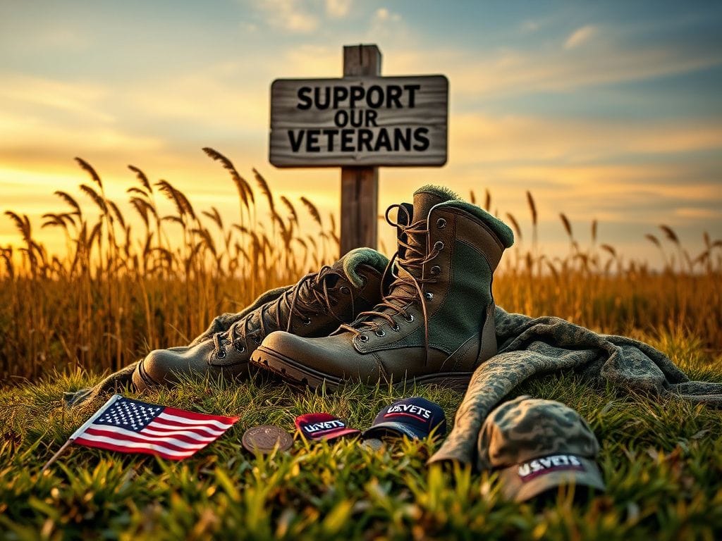 Flick International A pair of combat boots on grass under a camouflage blanket, symbolizing support for veterans