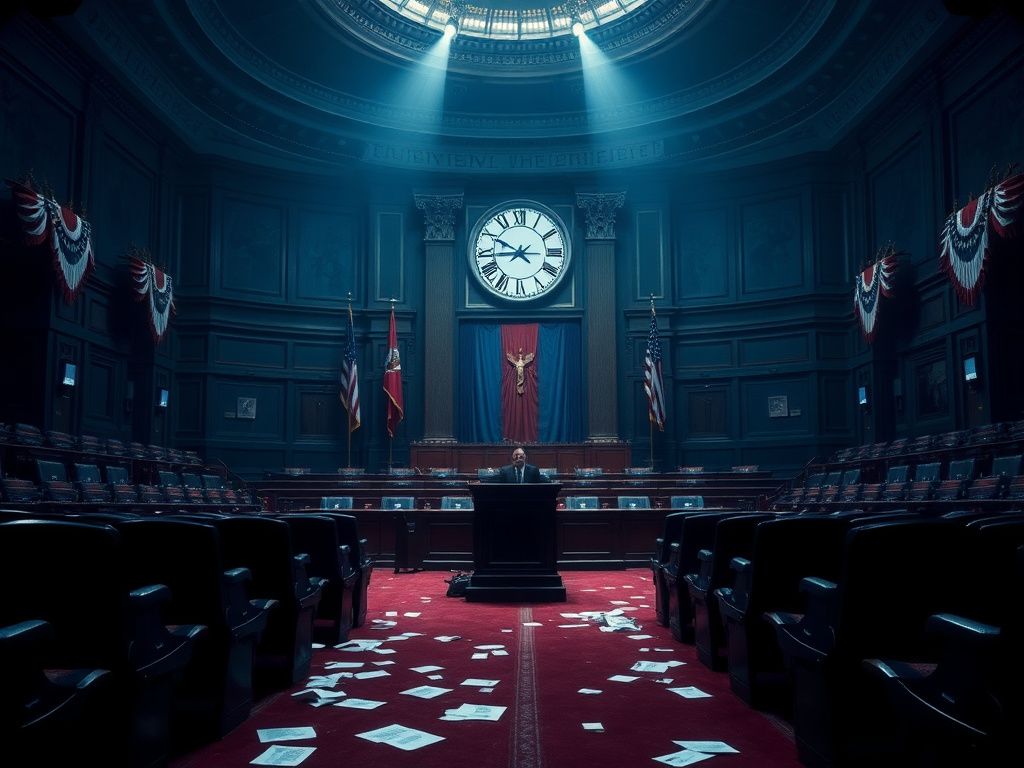 Flick International Dramatic scene in a congressional chamber showcasing empty seats and an imposing podium symbolizing political conflict