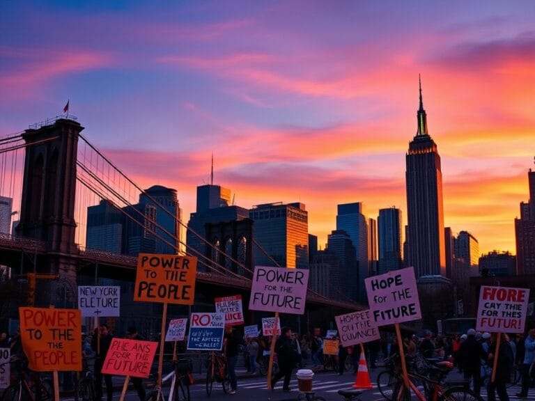 Flick International Dynamic New York City skyline at dusk with protest signs symbolizing democracy and activism
