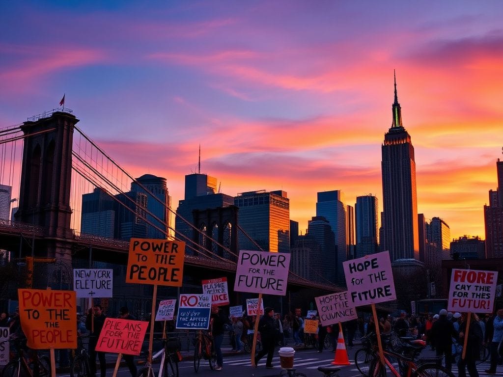 Flick International Dynamic New York City skyline at dusk with protest signs symbolizing democracy and activism