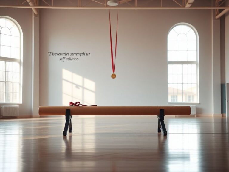 Flick International Serene gymnasium interior featuring an empty balance beam and gymnastic grips