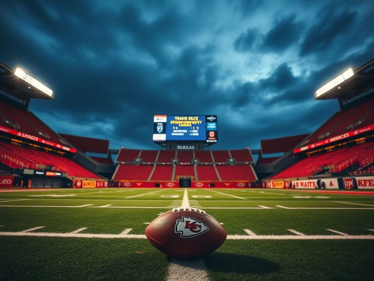 Flick International Empty football stadium under bright lights at twilight with Kansas City Chiefs colors