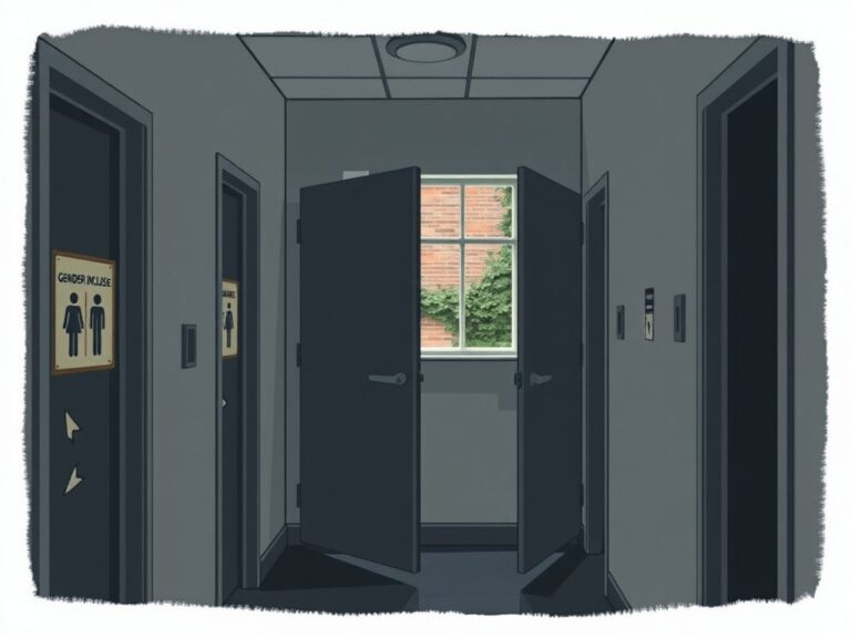 Flick International Dimly lit corridor with gender-inclusive bathroom doors emphasizing privacy concerns