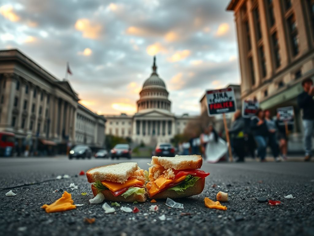 Flick International Half-eaten sandwich on pavement in chaotic Washington, D.C. street scene