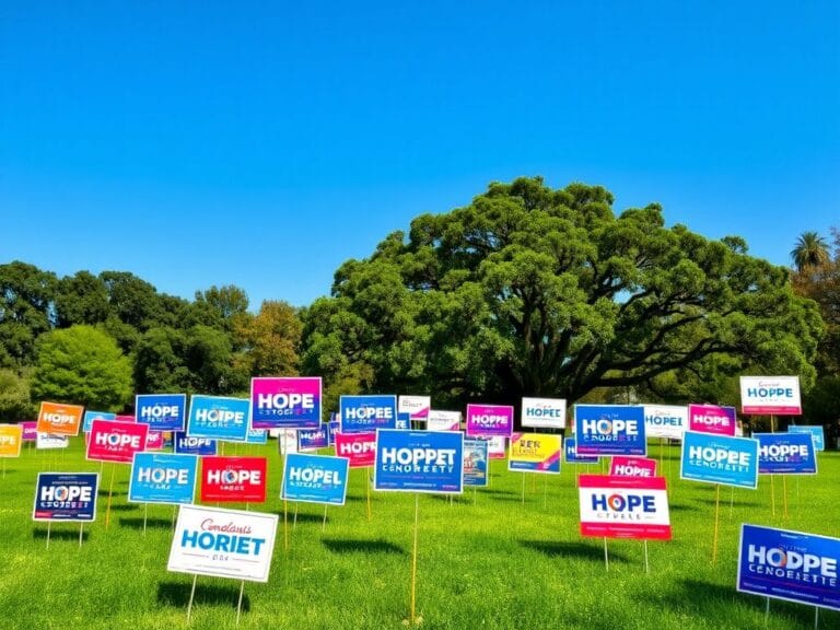 Flick International A vibrant array of campaign signs representing Democratic candidates in a lush green park