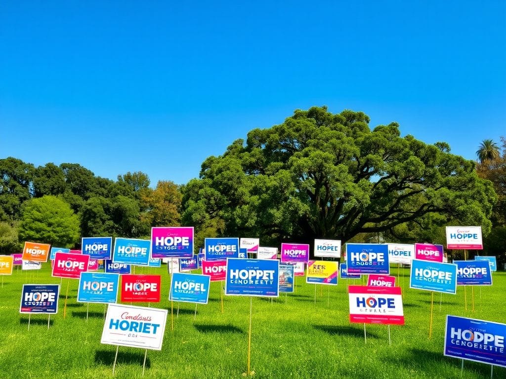 Flick International A vibrant array of campaign signs representing Democratic candidates in a lush green park