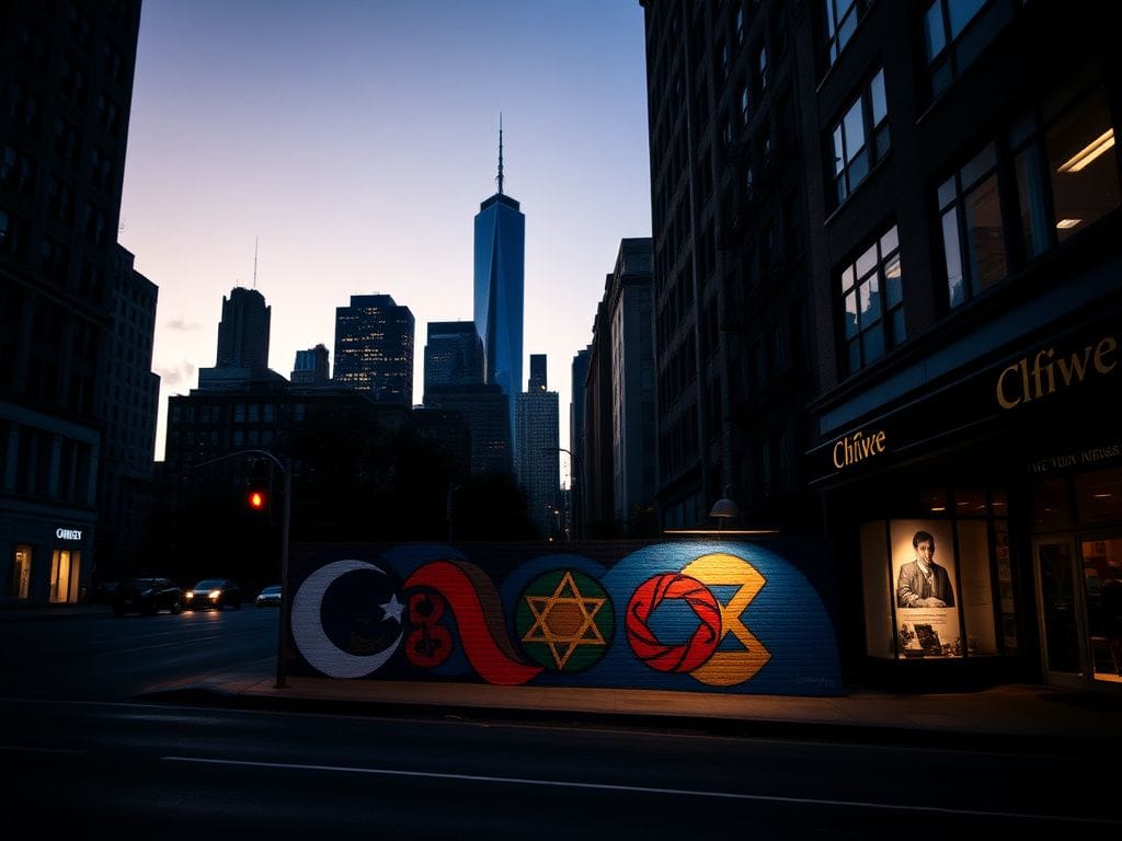 Flick International Urban sunset scene in New York City with One World Trade Center and a mural promoting tolerance