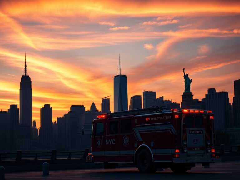 Flick International Iconic New York City skyline at sunset with fire truck in the foreground