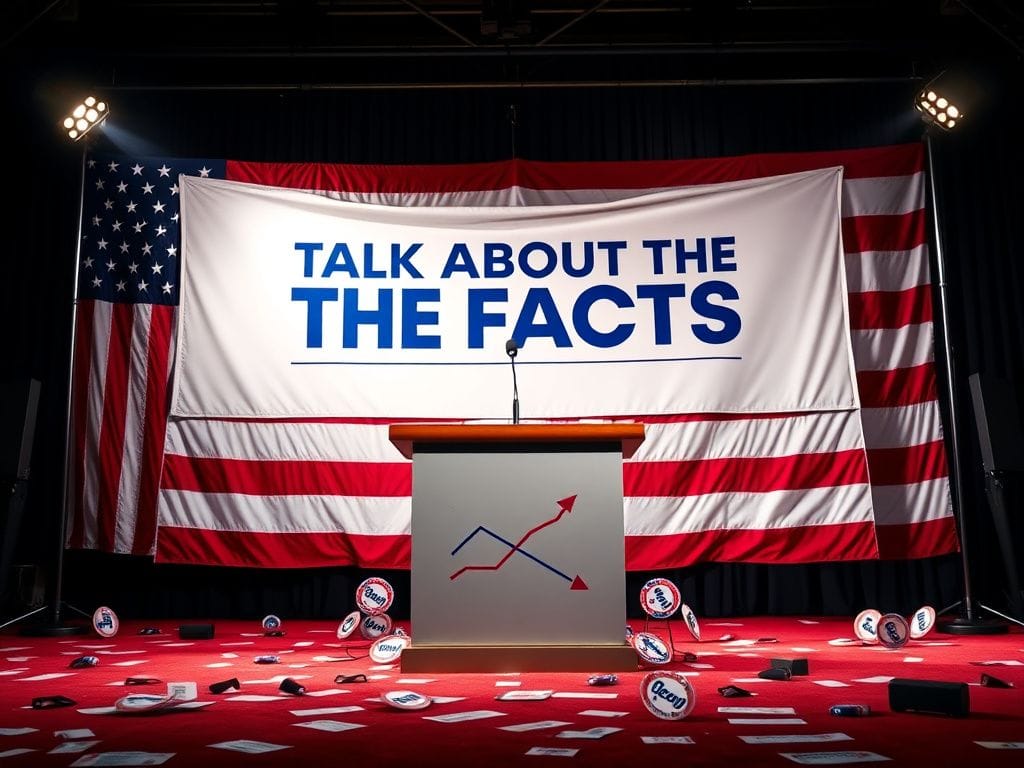Flick International Empty podium with American flag backdrop and 'Talk About the Facts' banner