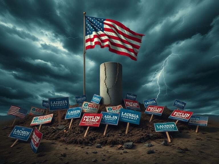 Flick International A weathered American flag atop a cracked pillar symbolizing the fragility of democracy