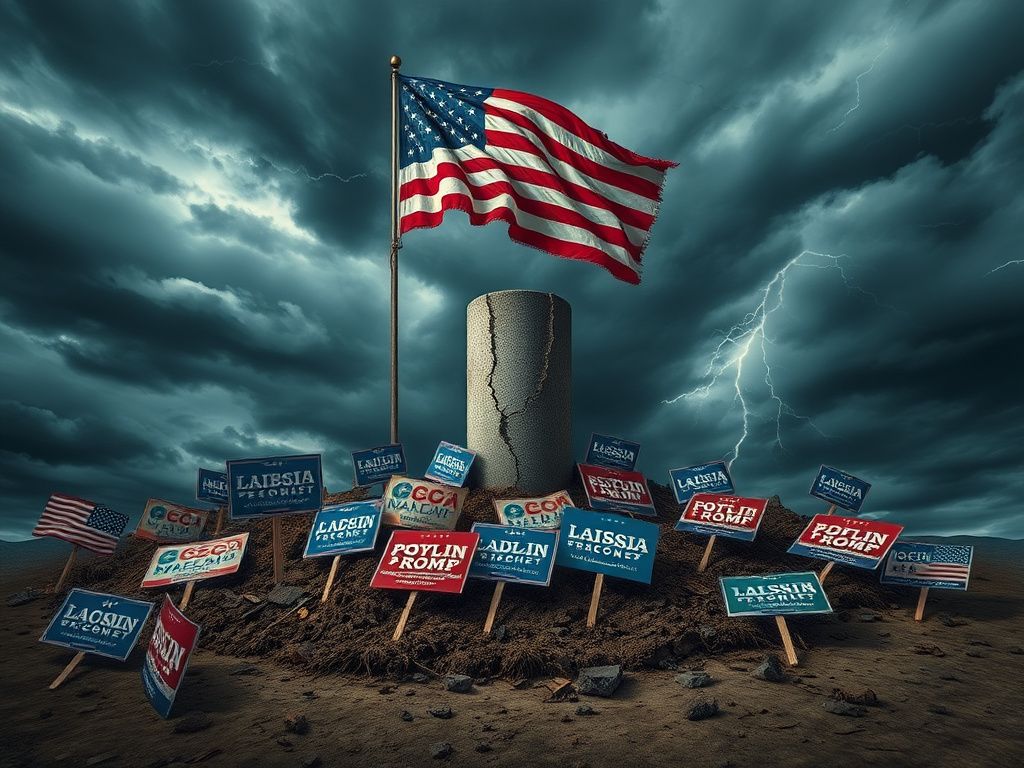 Flick International A weathered American flag atop a cracked pillar symbolizing the fragility of democracy