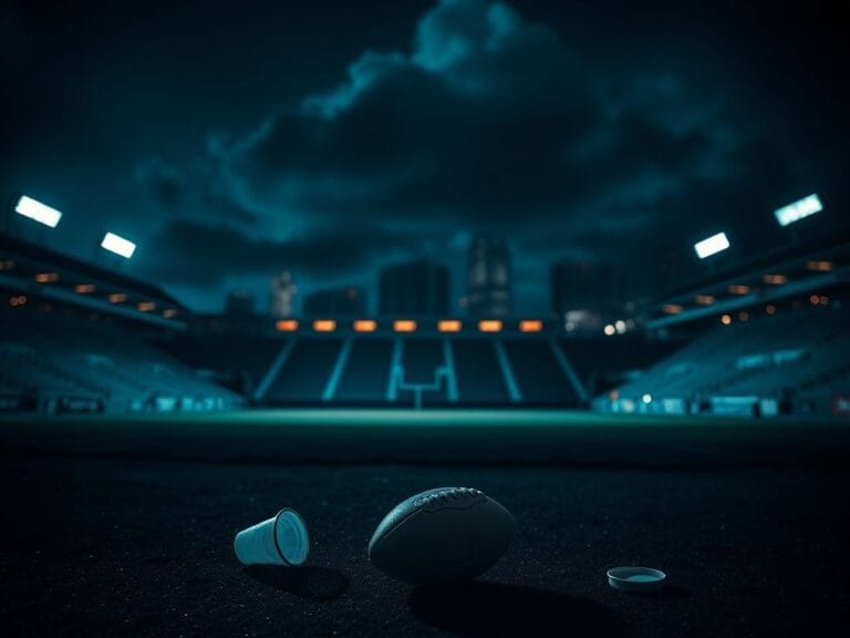 Flick International Empty football stadium at night with spotlight highlighting the field and shadows around
