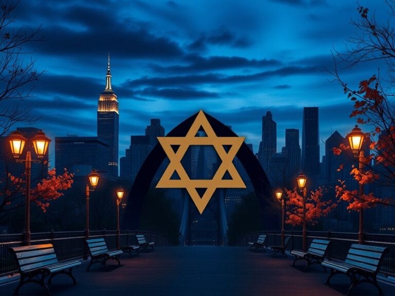 Flick International Majestic New York City skyline with a stylized Star of David symbolizing Jewish heritage against a twilight sky