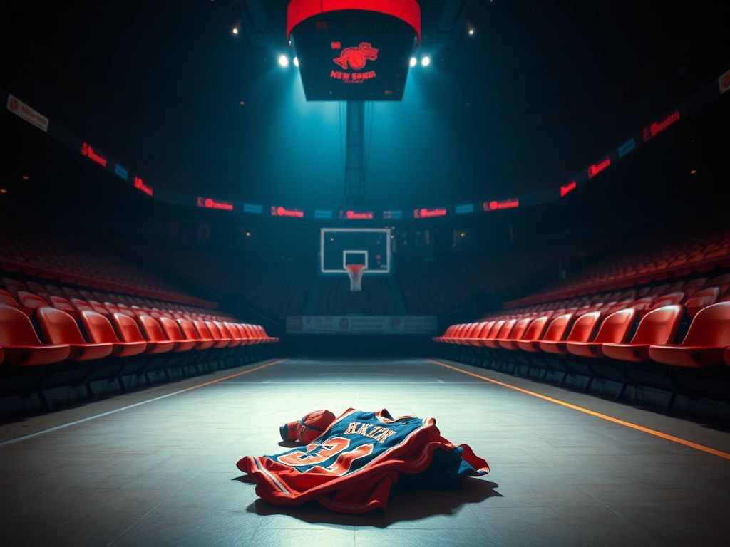 Flick International Dramatic interior of Madison Square Garden with empty red seats and discarded Knicks jersey