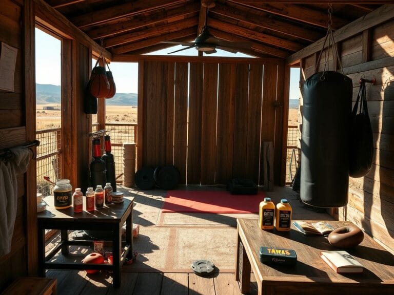 Flick International Sydney Sweeney training in a rustic boxing gym filled with equipment