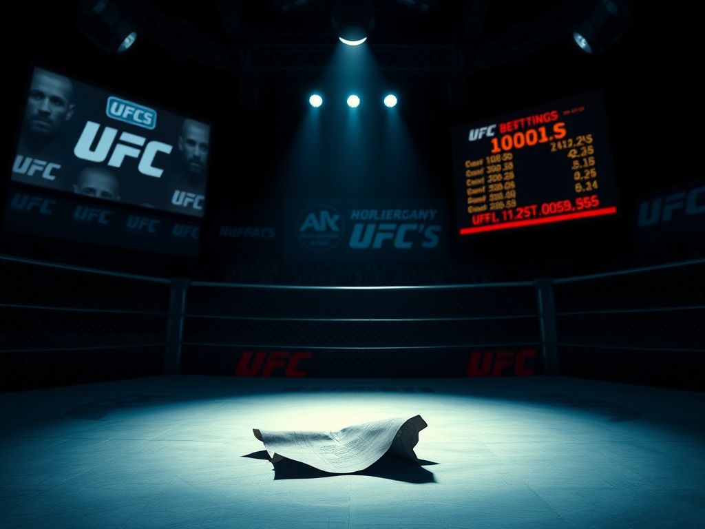 Flick International A dimly lit UFC octagon featuring a crumpled betting slip on the center mat