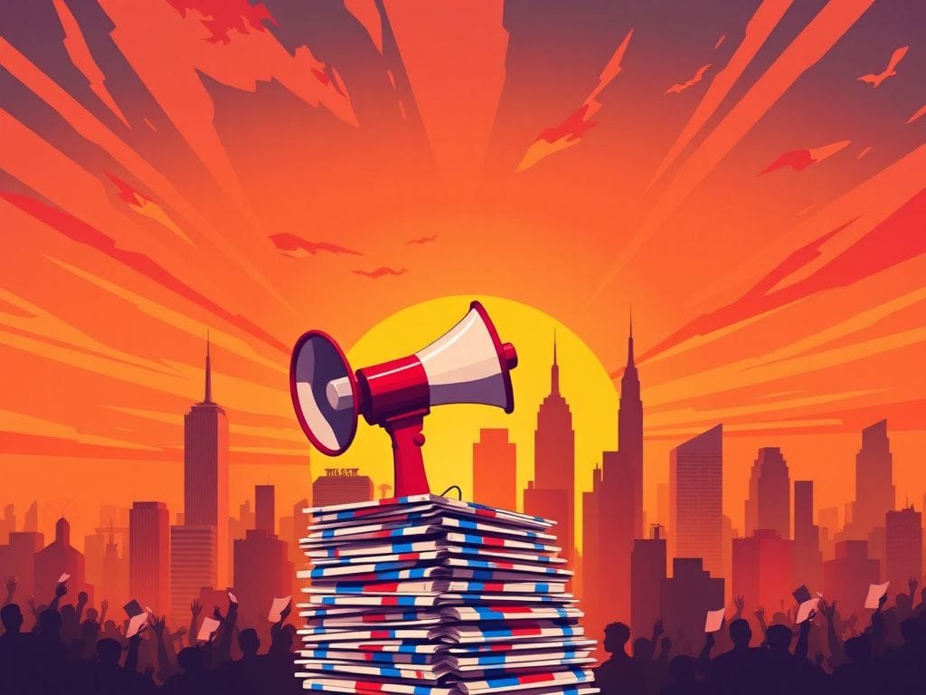 Flick International Stylized New York City skyline at sunset with a megaphone and election pamphlets