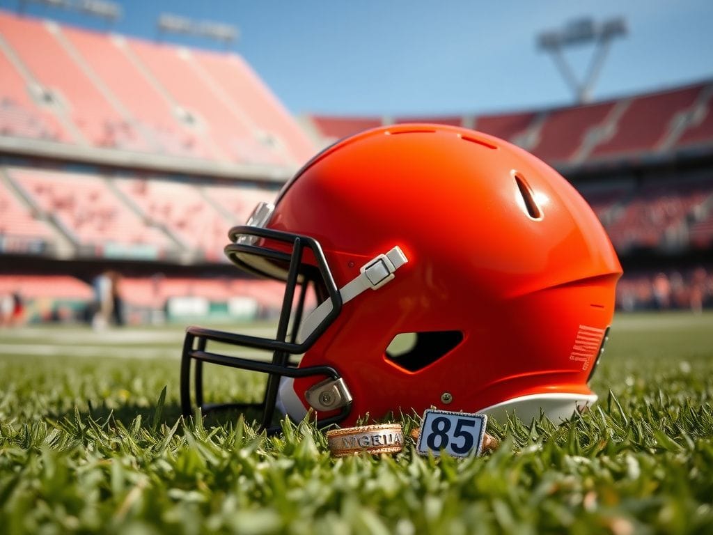 Flick International Close-up of a Cleveland Browns football helmet on a grassy field with a blurred stadium in the background