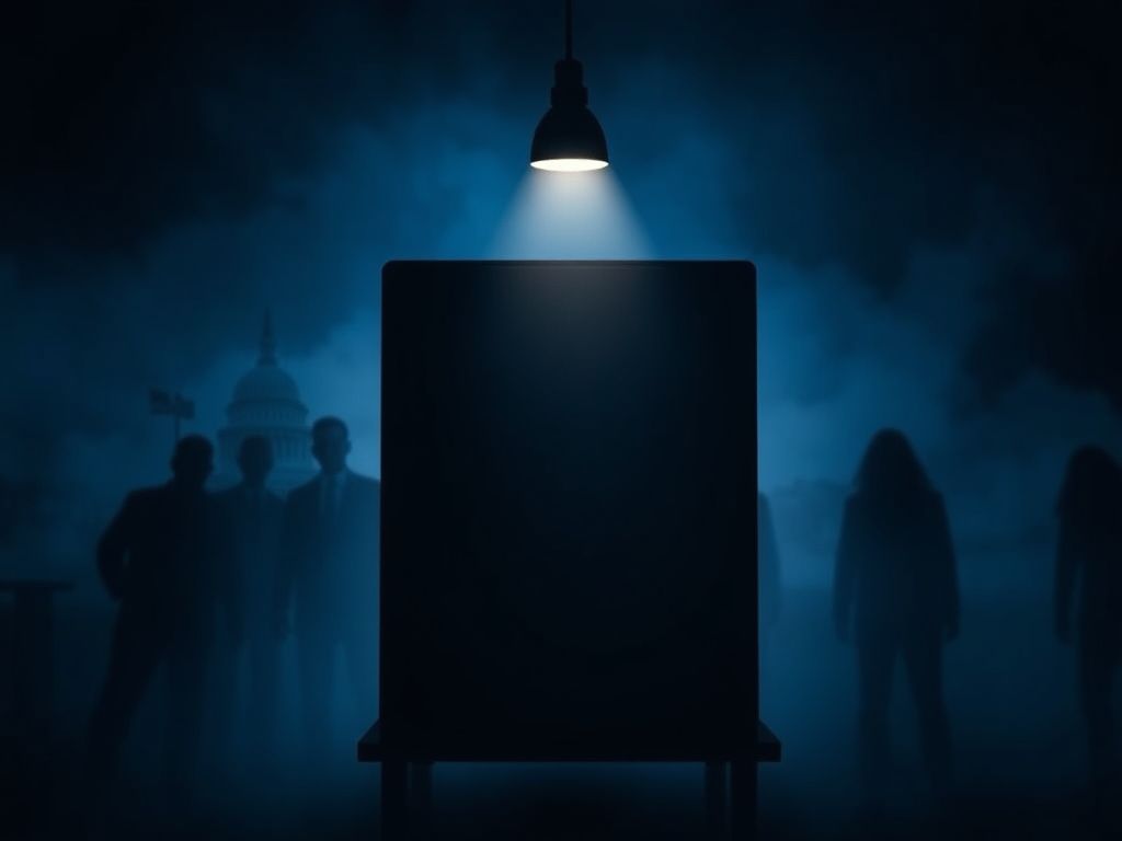 Flick International Dark depiction of an empty voting booth illuminated by a dim light