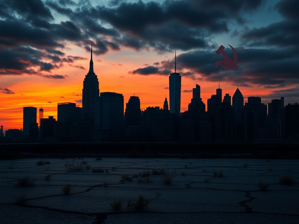 Flick International New York City skyline at dusk with Empire State Building and One World Trade Center silhouetted against dark clouds